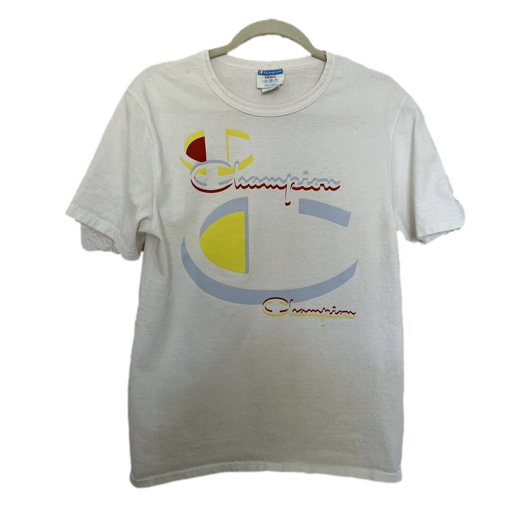 🌵 Champion Women's Blue & Yellow Logo Short Cotton Sleeve T-Shirt - Small